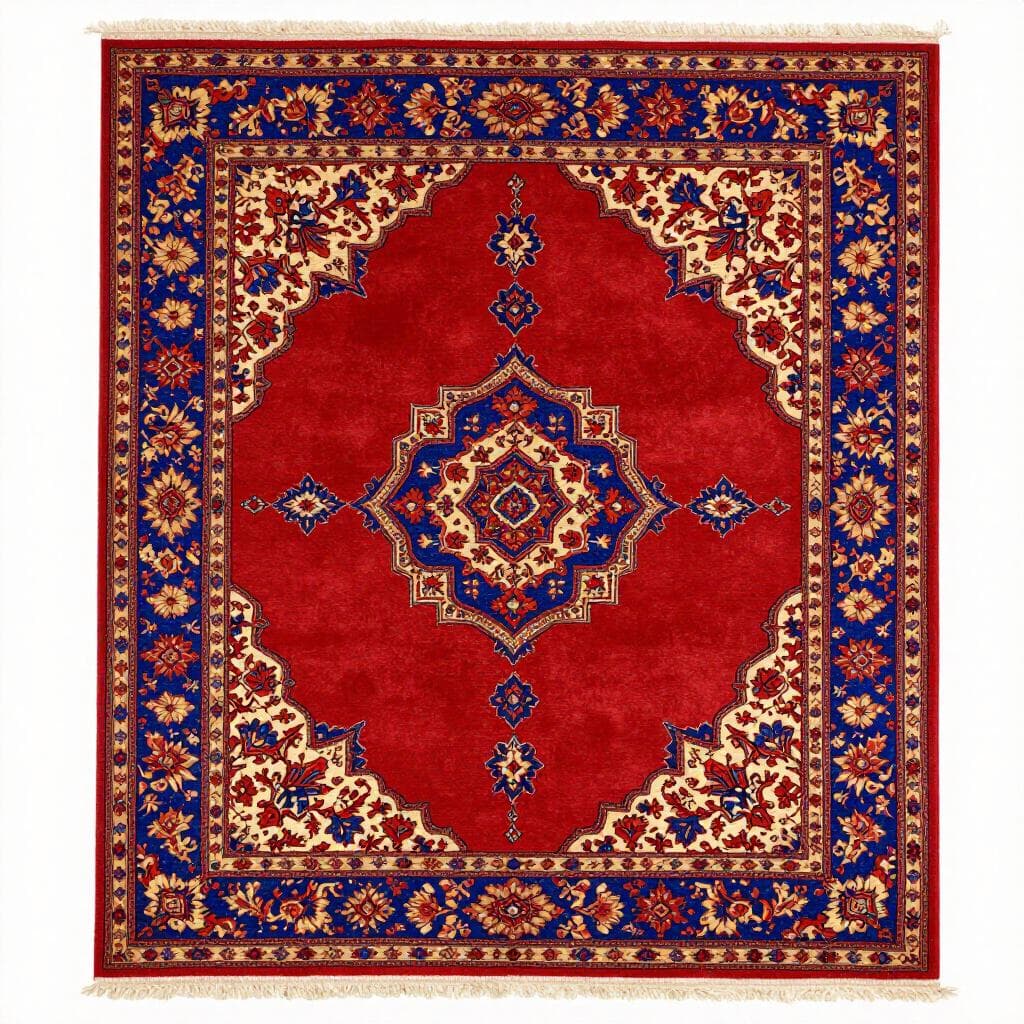 Un tappeto persiano tradizionale, dettagliato e colorato, con intricati motivi floreali.