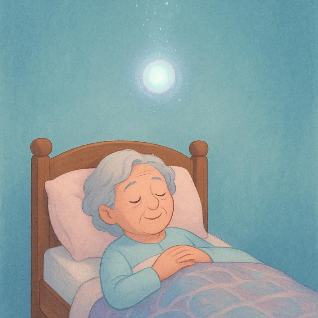 A sleeping, elderly figure resting peacefully in a simple bed, with a small, ethereal glowing orb gently ascending from above the figure.
