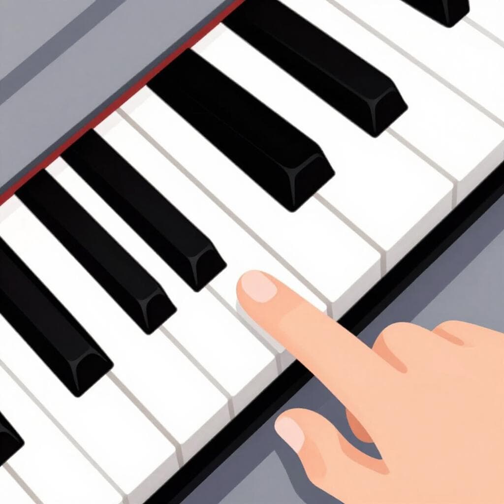 Uma única tecla de piano branca pressionada por um dedo.