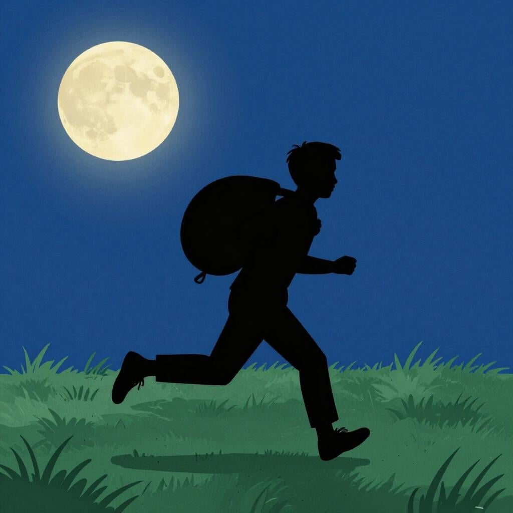 Une simple silhouette noire d'une personne s'enfuyant rapidement à travers un champ herbeux la nuit en portant un petit sac sur son épaule, symbolisant l'action terminée d'avoir volé quelque chose.
