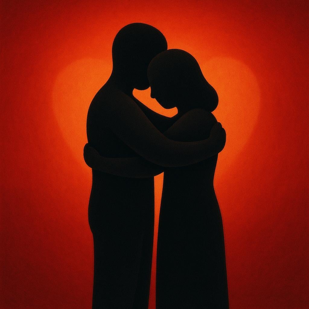 Two figures embracing tightly in silhouette against a warm red and orange background, symbolizing intense romantic love.