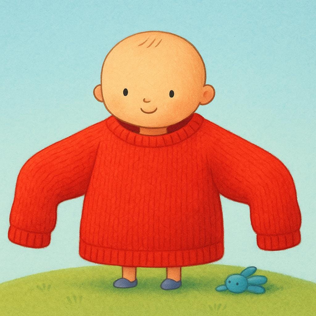 A small, simple character wearing an extremely large, bright red sweater that is many sizes too big. The sleeves dangle far past their fingertips, showing that the clothing did not fit correctly.