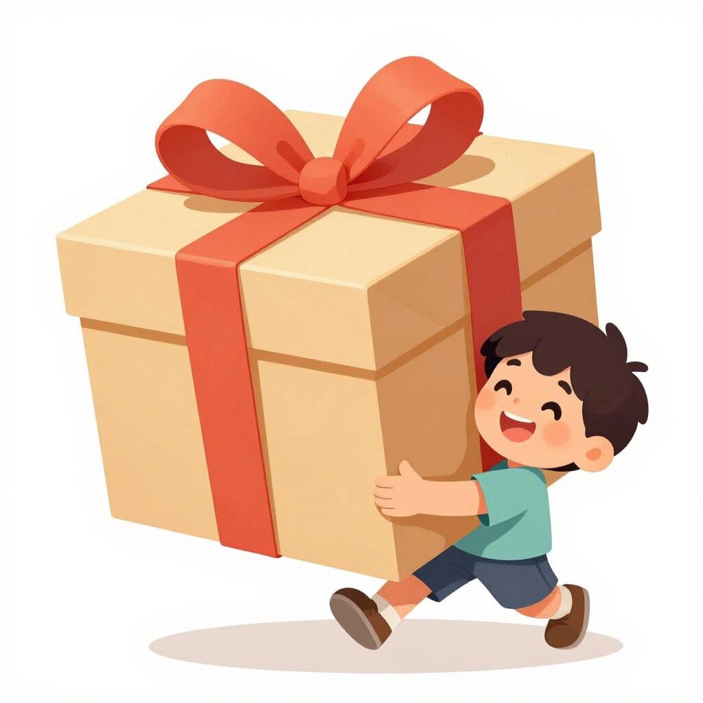 A child carrying a large, colorful gift box with both hands.