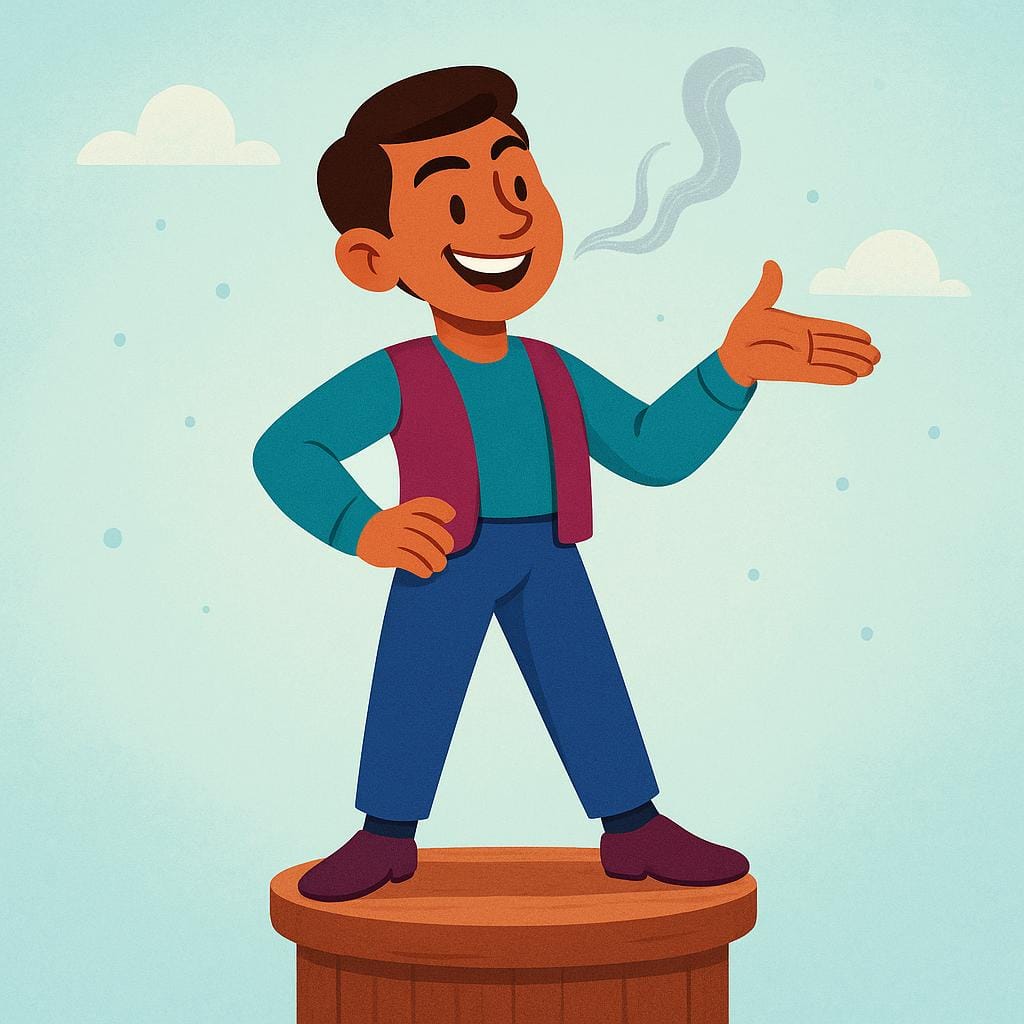 A cartoonish figure stands boastfully, gesturing dramatically, while thin, dissipating puffs of smoke (representing empty promises or hot air) float away from their open mouth.