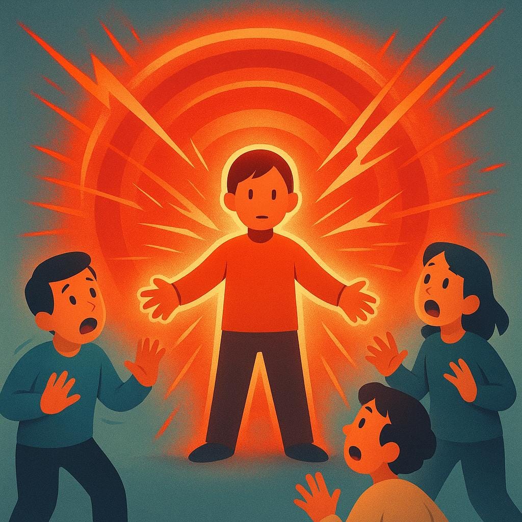 A simplified illustration showing a central figure radiating intense, spreading red energy waves toward surrounding figures, symbolizing a sudden outbreak of emotion.