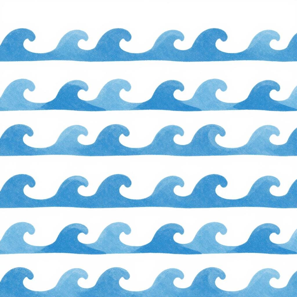A row of identical small blue waves repeating across a calm sea.