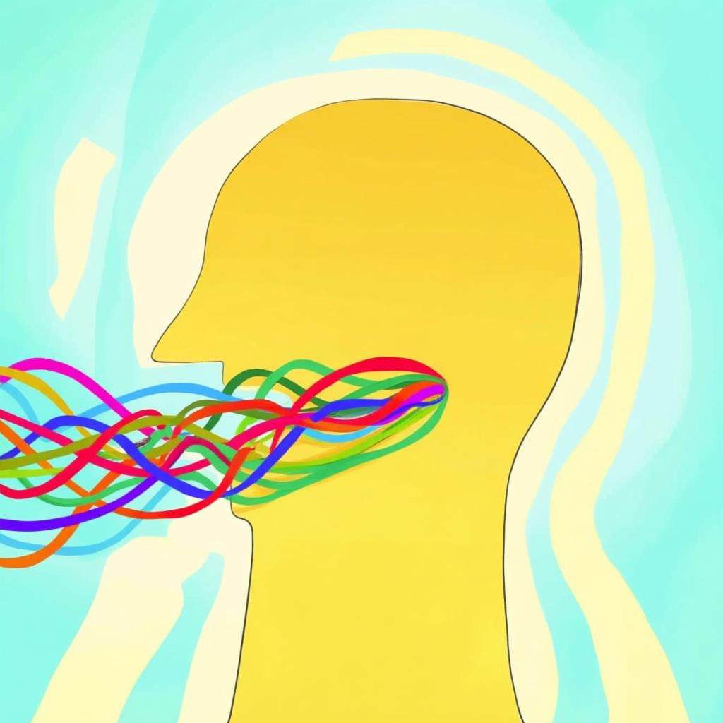 A simple, stylized profile silhouette of a human head against a bright background, with abstract, flowing ribbons of light emanating from the mouth, representing the concept of human speech.