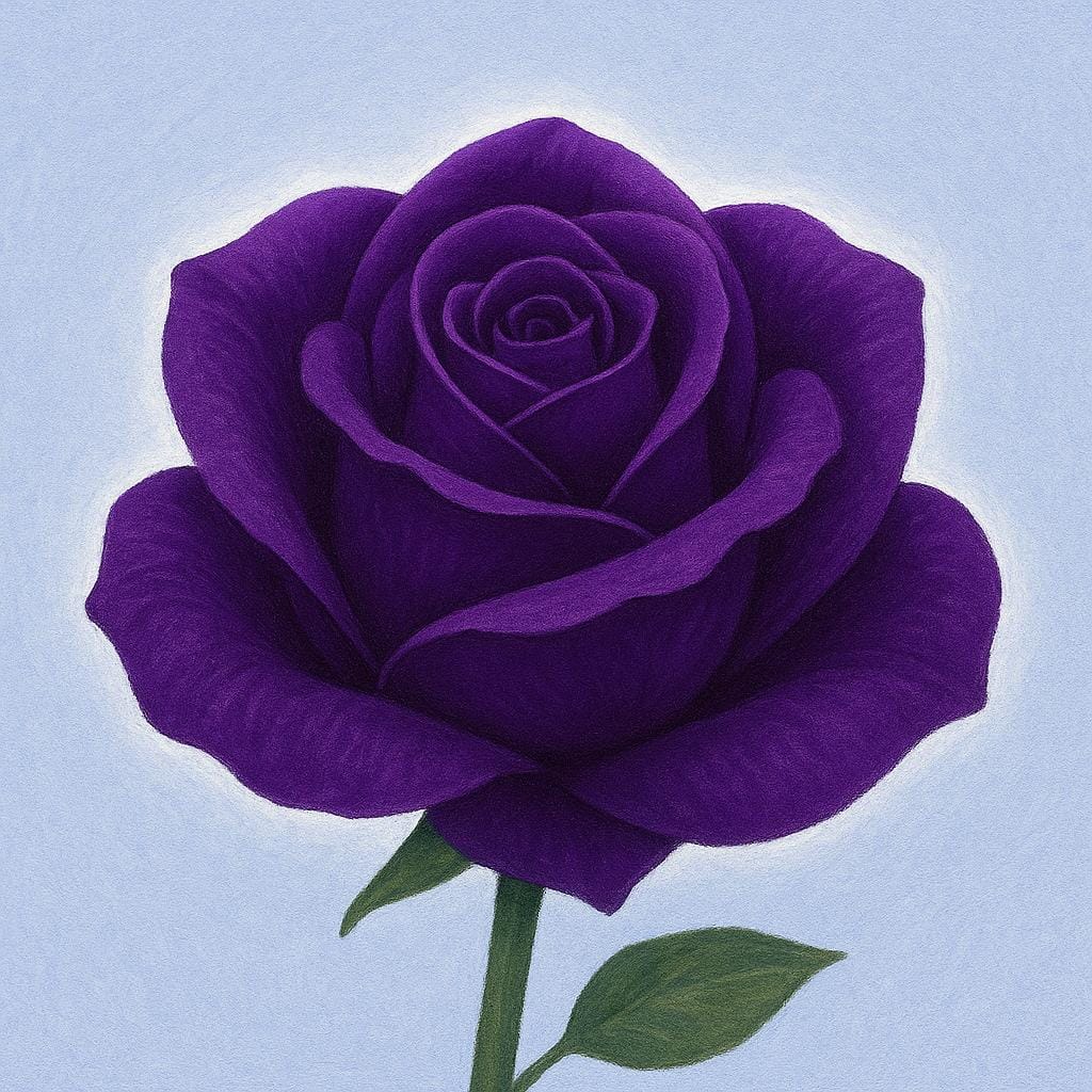 A high quality storybook illustration of a single, vibrant, deep purple rose that is glowing softly, symbolizing irresistible charm or allure.