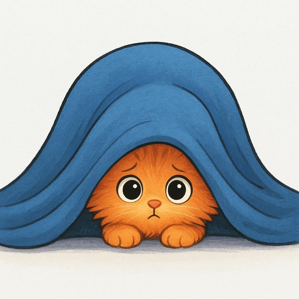 A small fluffy orange kitten is completely hidden under a large blue blanket, with only its wide, fearful eyes visible peeking out from the edge.