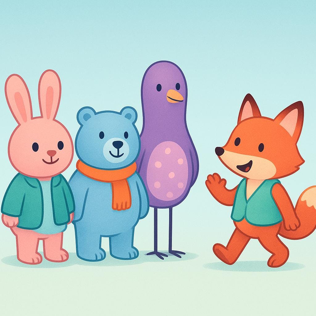 A small, smiling figure stepping into a welcoming circle formed by three other figures, illustrating joining a group.