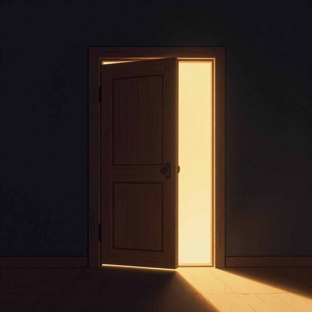 A mysterious old wooden door slightly ajar with a bright golden light glowing from the crack in a dark room.