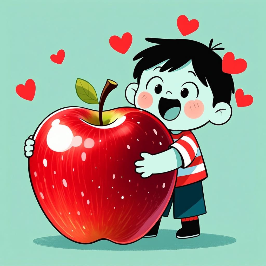 A smiling person hugging a giant, perfect red apple, showing immense joy and strong liking.