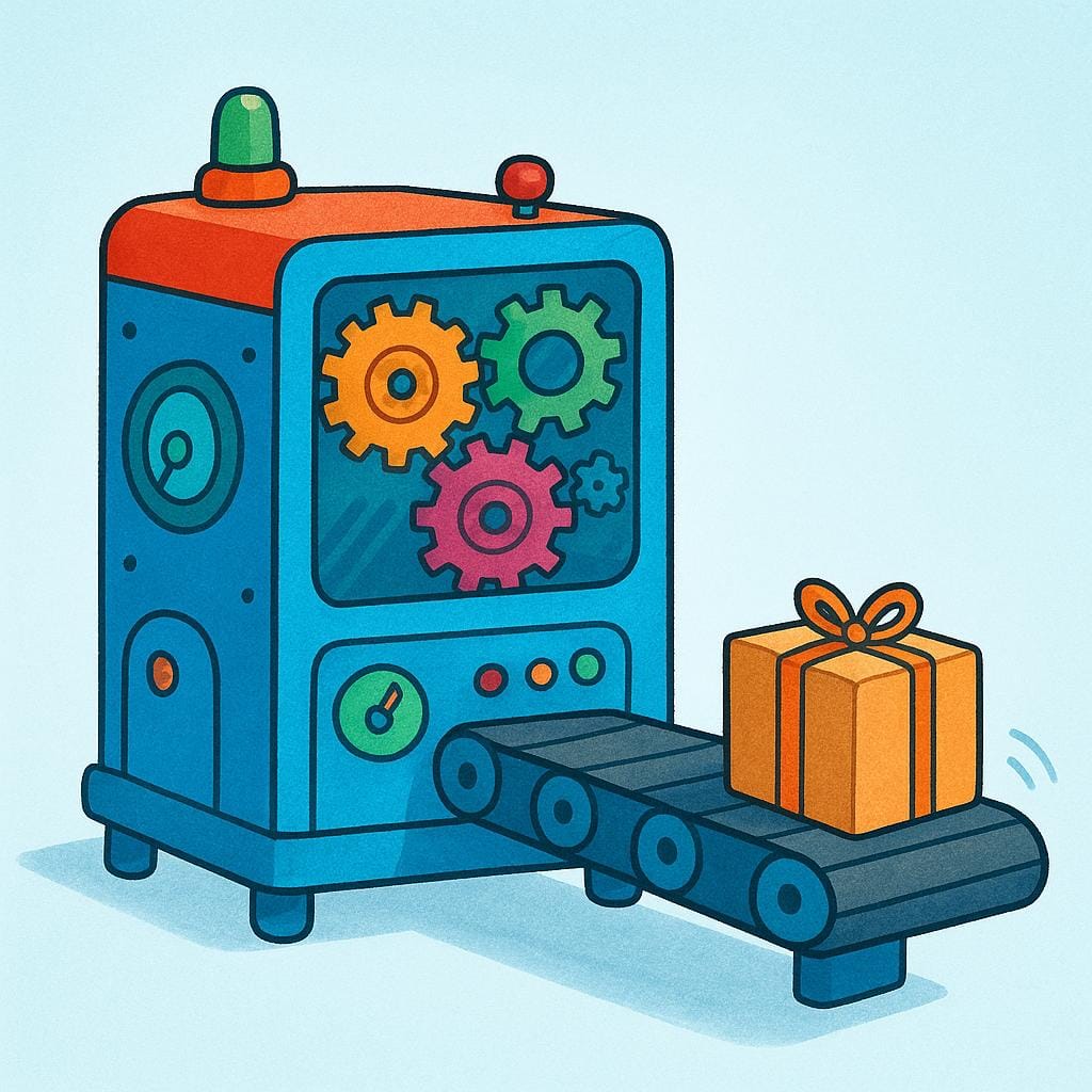 A brightly colored cartoon industrial machine with visible turning gears and a conveyor belt successfully moving a small object, showing it is functioning.