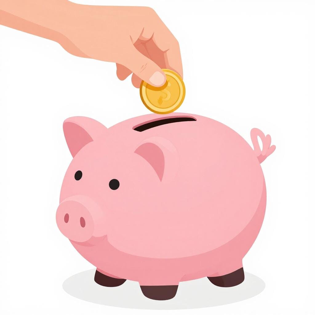 A small ceramic piggy bank being filled with a gold coin.