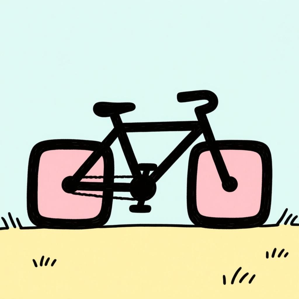 A brightly colored bicycle resting on a flat surface, but instead of round wheels, it has large, impractical square wooden wheels, representing a stupid design.