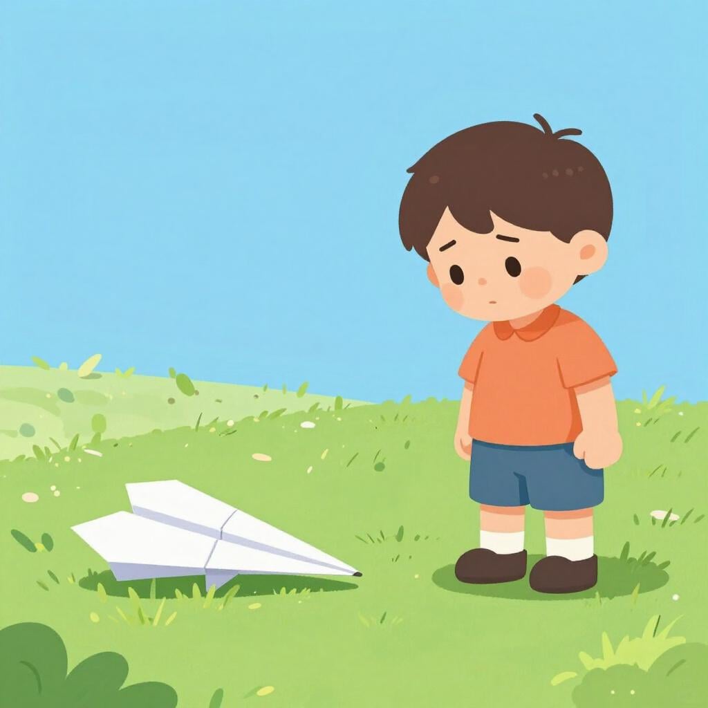 Eine bunte Bilderbuchillustration eines Kindes, das auf dem Boden ein heruntergefallenes, zerbrochenes Papierflugzeug betrachtet.