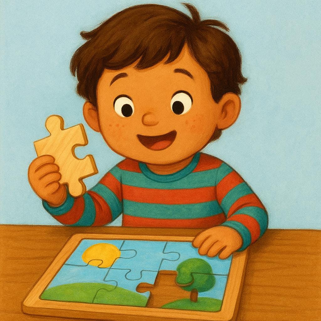A colorful illustration of a child successfully placing the final piece into a wooden jigsaw puzzle, signifying a moment of understanding or learning.