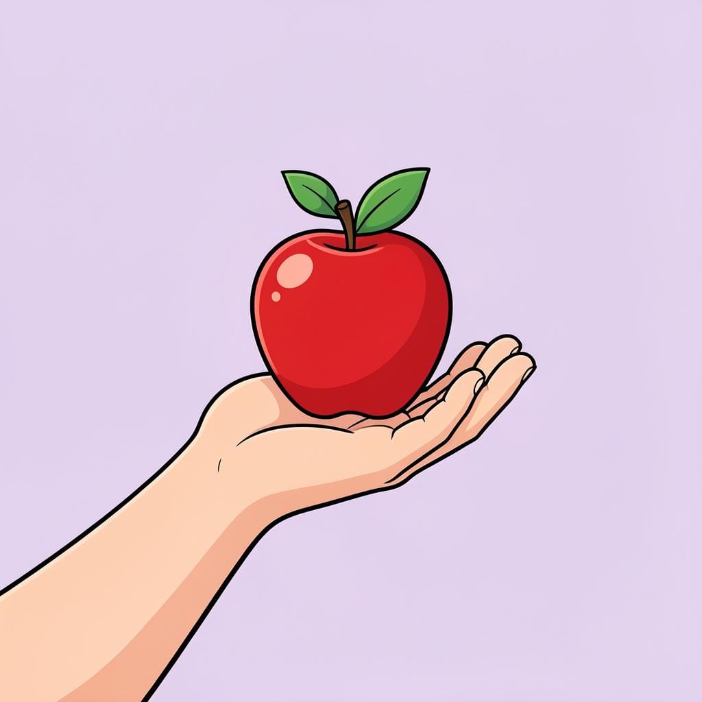 A person holding out a bright red apple in their open hand as a gift.