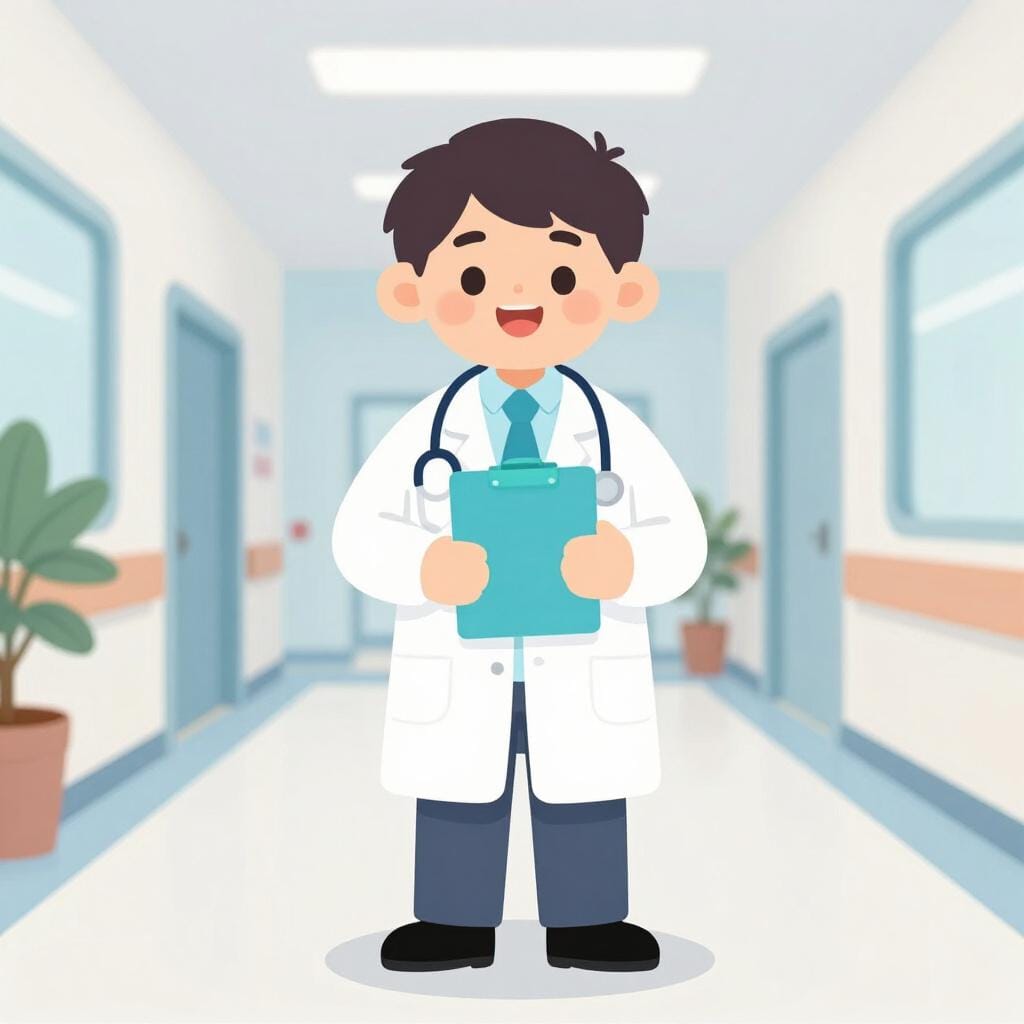 하얀 가운을 입고 의료 서류 가방을 든 친절한 임상의가 병원 복도에서 미소 짓고 있는 모습.