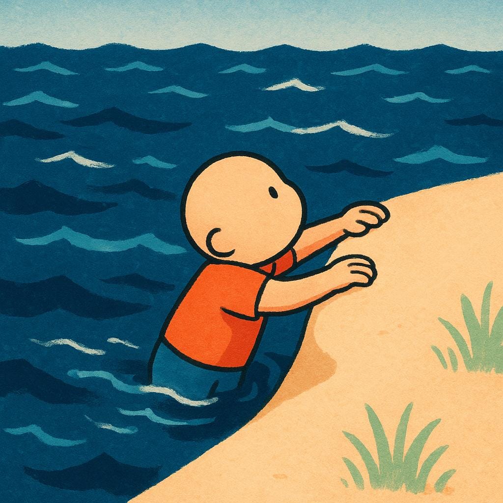 A small person is actively pulling themselves out of dark, choppy water onto a bright, sandy shore, using only their arms.