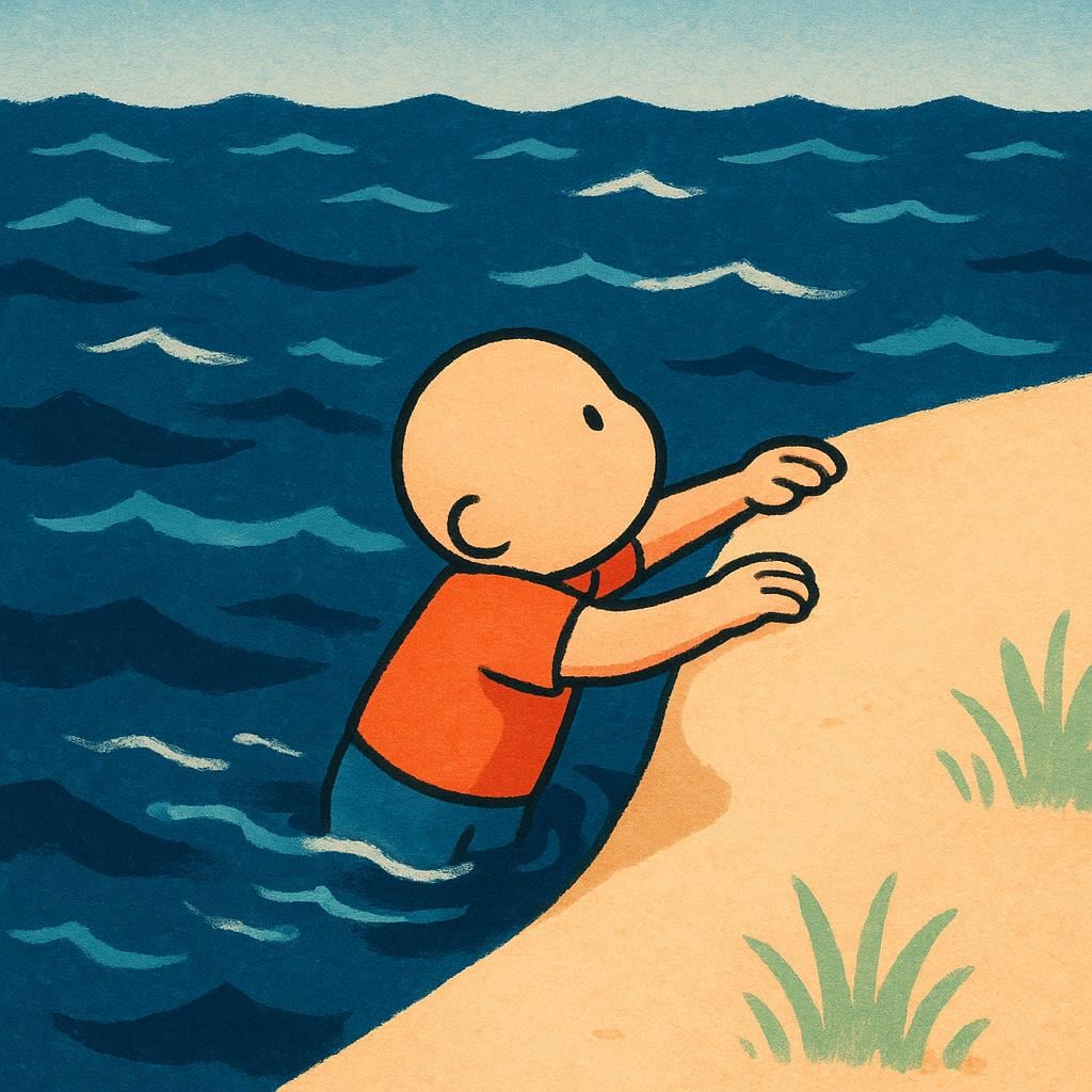 A small person is actively pulling themselves out of dark, choppy water onto a bright, sandy shore, using only their arms.