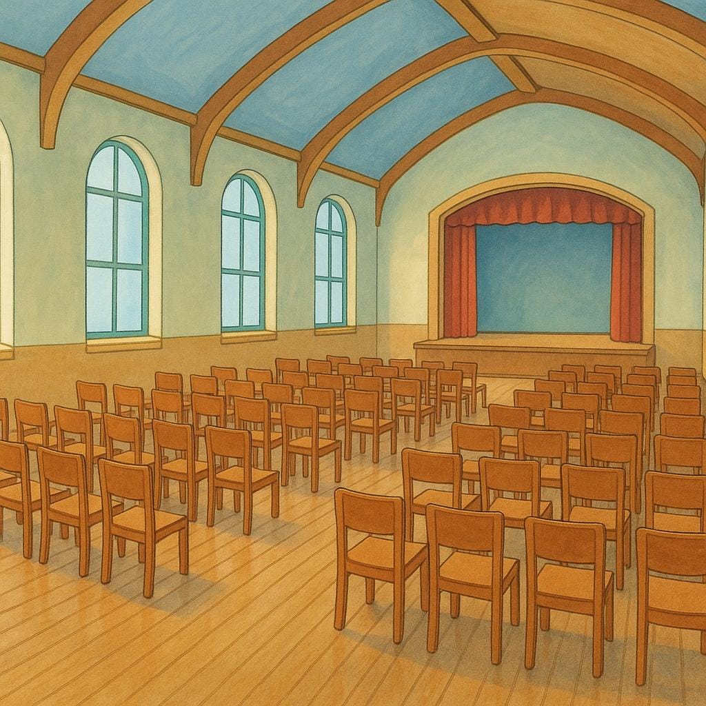 Um grande salão elegante e vazio, com tetos altos, janelas altas em arco e um piso polido, adequado para um grande evento.