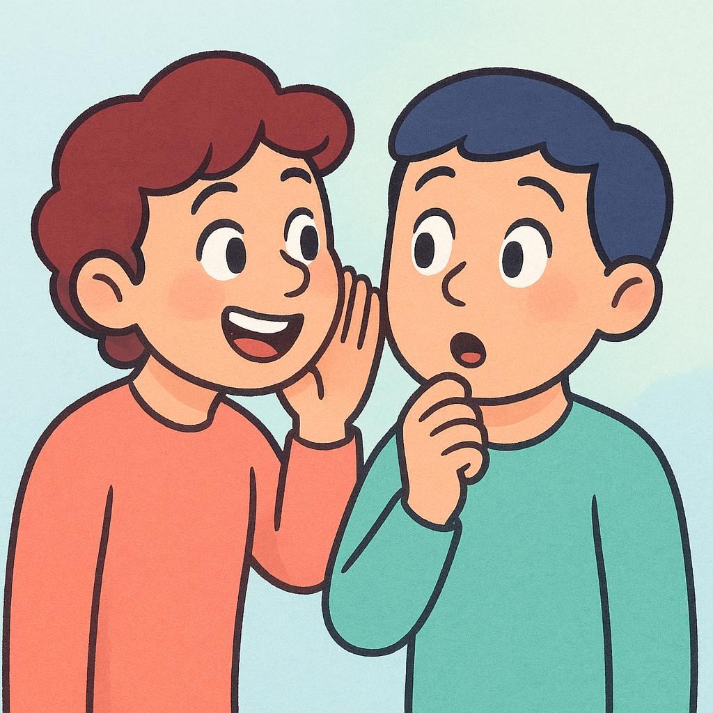 Two friendly, cartoon people interacting, with one leaning in dramatically and whispering information into the other's ear, conveying news.