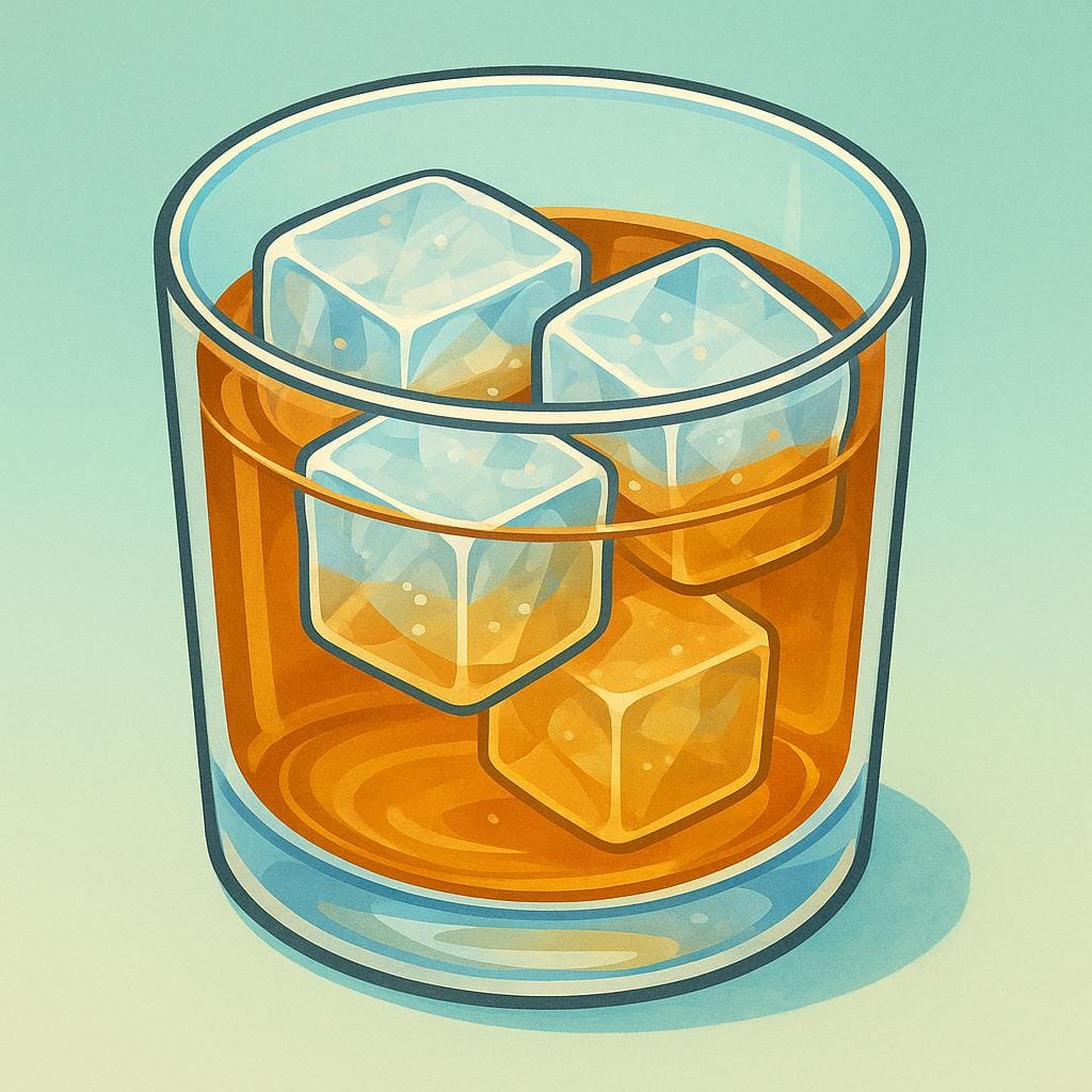 A simple storybook illustration of a clear glass holding a golden beverage with four large, square ice cubes floating near the rim.