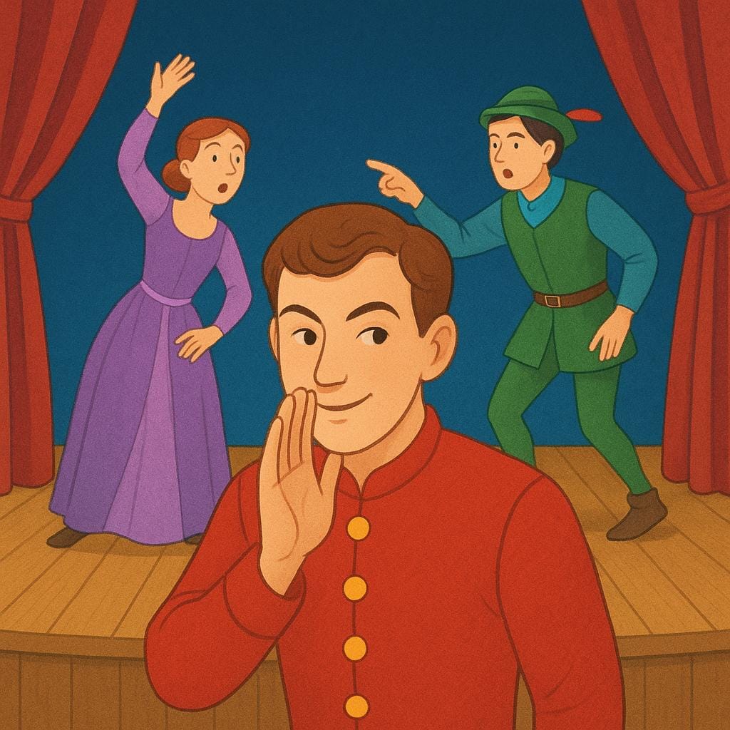 A theatrical stage scene where one actor leans forward, whispering conspiratorially toward the viewer, while two other actors stand frozen in dramatic poses, unaware of the whisper.