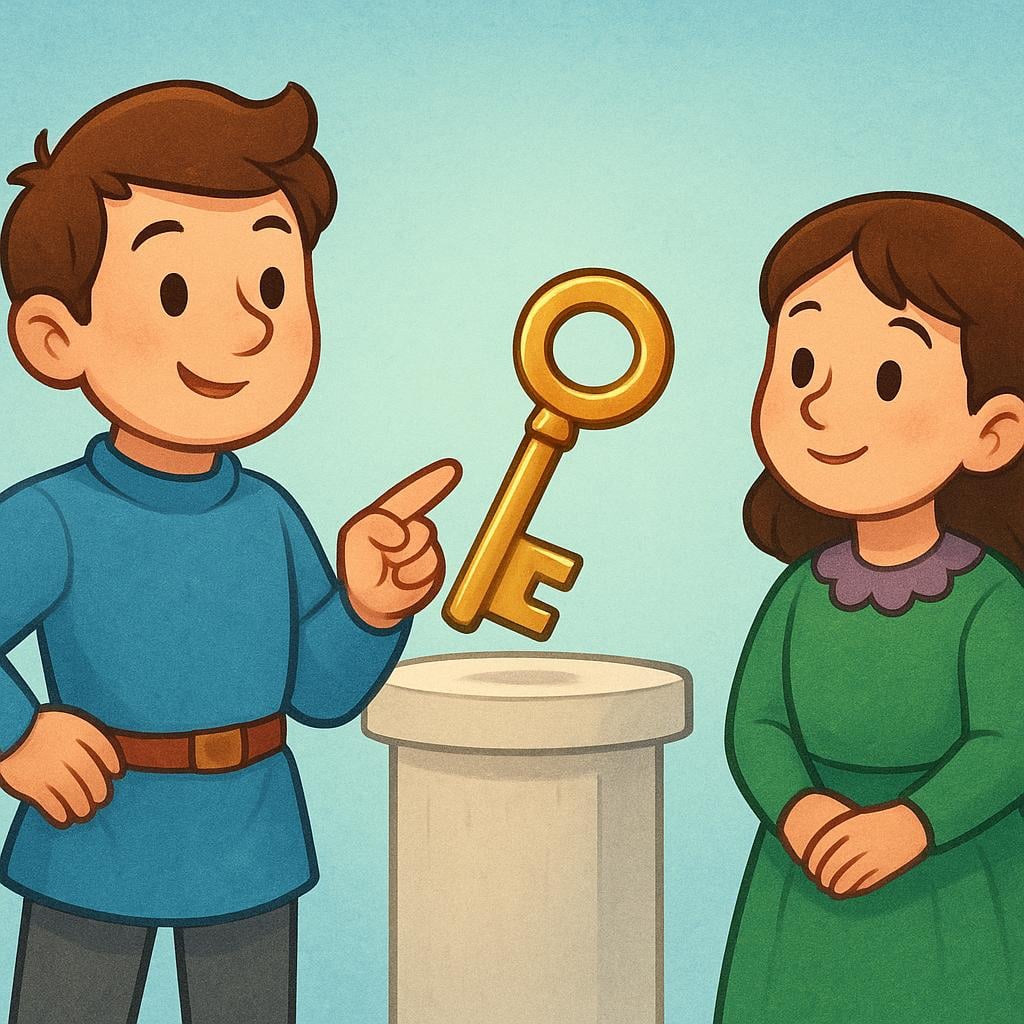 A storybook illustration showing one character pointing directly and confidently with one finger at a large, clear object, confirming its presence or truth to a second character.