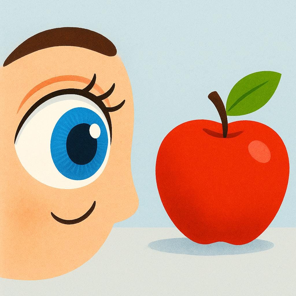 A stylized, large blue eye focusing intently on a bright red apple, illustrating the concept of sight.
