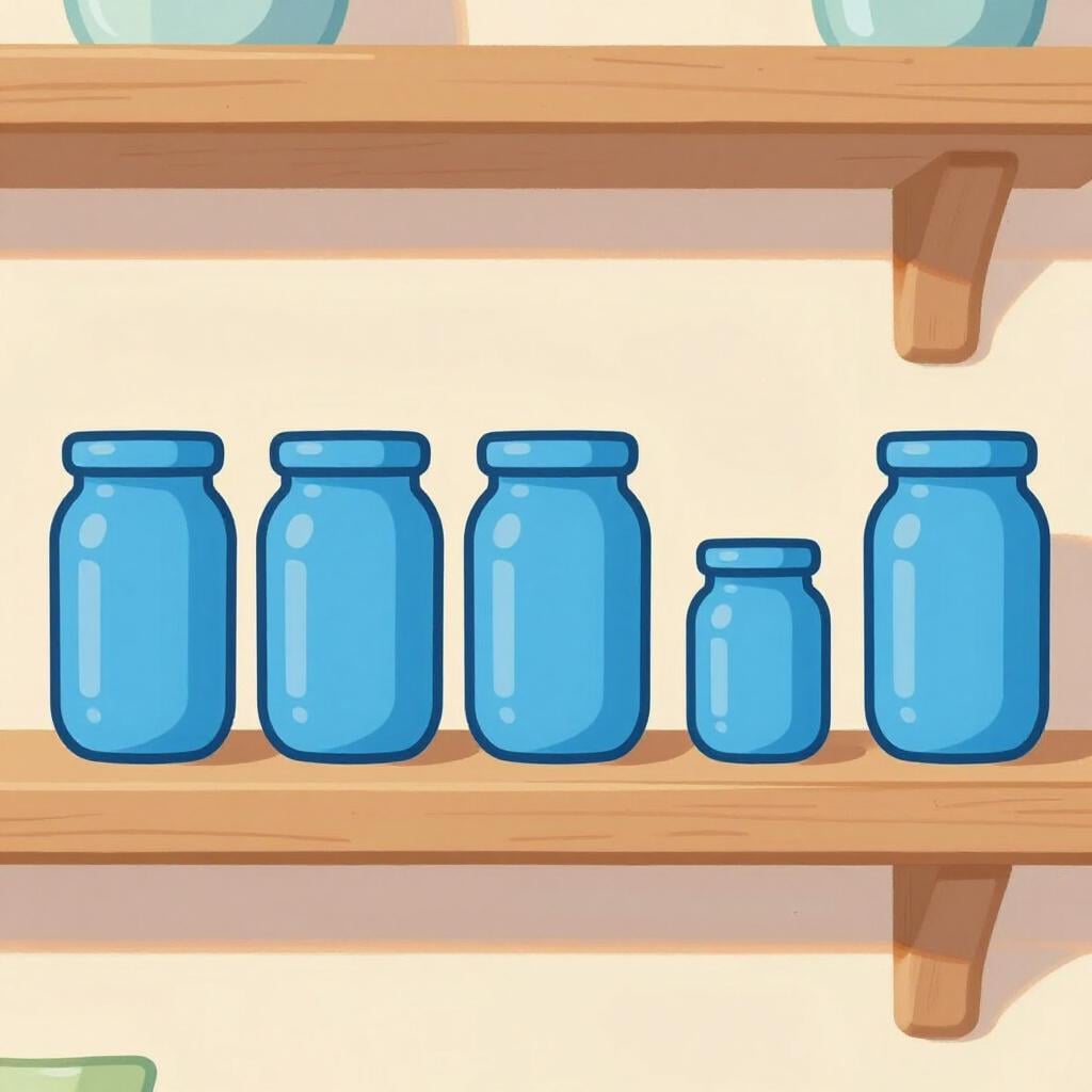 Uma fileira de potes redondos coloridos em uma prateleira, um dos quais está ligeiramente fora de centro em relação aos outros.