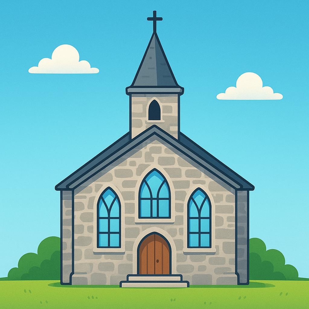 A high quality storybook illustration of a traditional stone church building with a tall steeple and arched entrance, set in a sunny landscape.