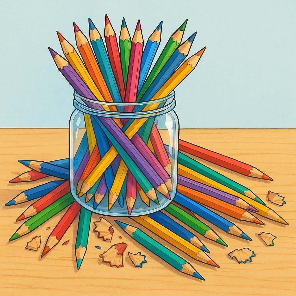 A small, simple glass jar that is completely overwhelmed and overflowing with an excessive number of colorful pencils spilling onto a table, illustrating an excessive quantity.
