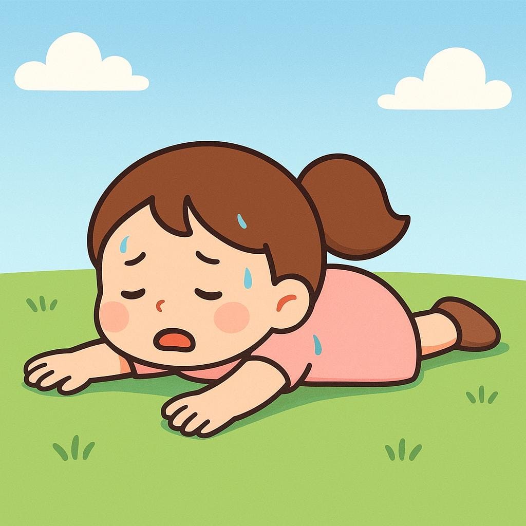 Ein einfaches Cartoon-Mädchen liegt mit dem Gesicht nach unten auf einer grünen Wiese, völlig erschöpft und schweißbedeckt.