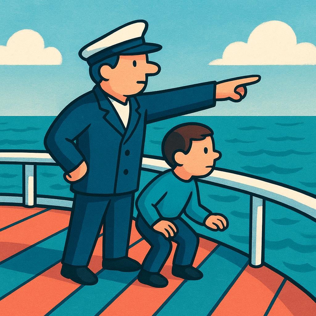 A simple illustration of a figure dressed as a ship captain pointing decisively forward, giving a clear command to a crew member.