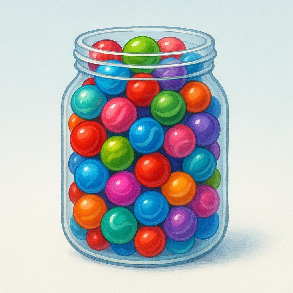 A clear glass jar completely filled to the very top with colorful, bright marbles, illustrating the concept of being full to the maximum extent.