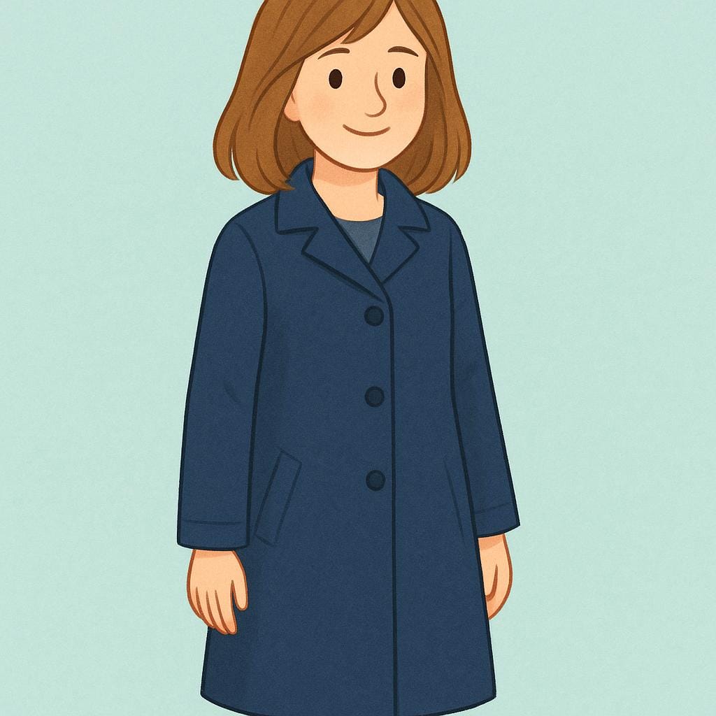 Eine freundliche junge Frau mit hellbraunem Haar, die einen einfachen marineblauen Trenchcoat trägt und leicht lächelnd geradeaus schaut.