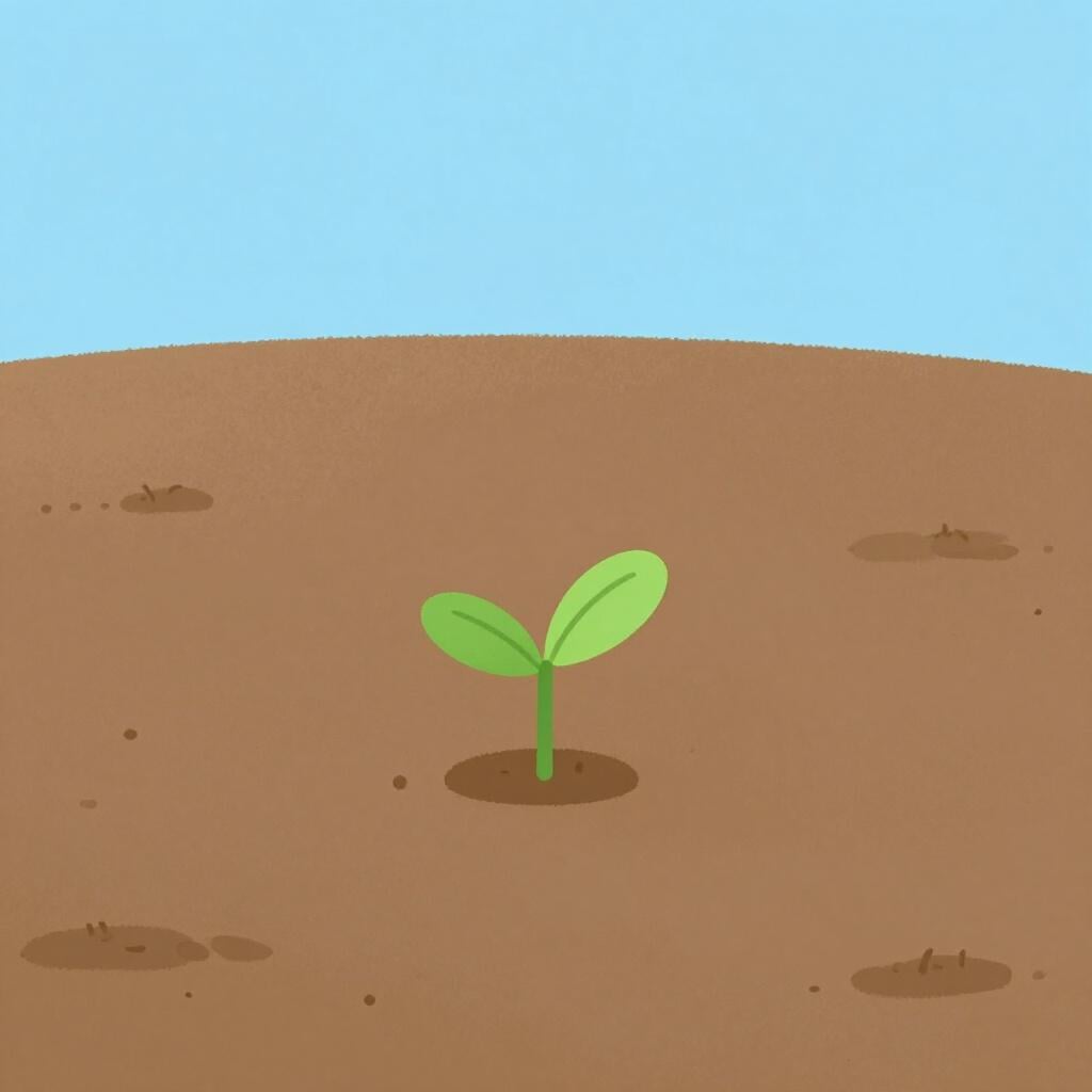 広大な空の下、広々とした空き地に育つ小さな一株の芽。