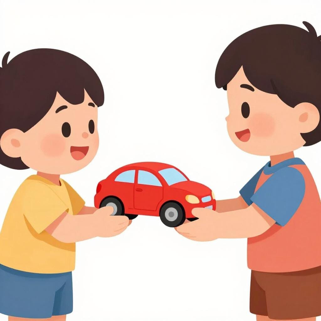 Un enfant donnant une voiture de jouet colorée à un autre enfant.