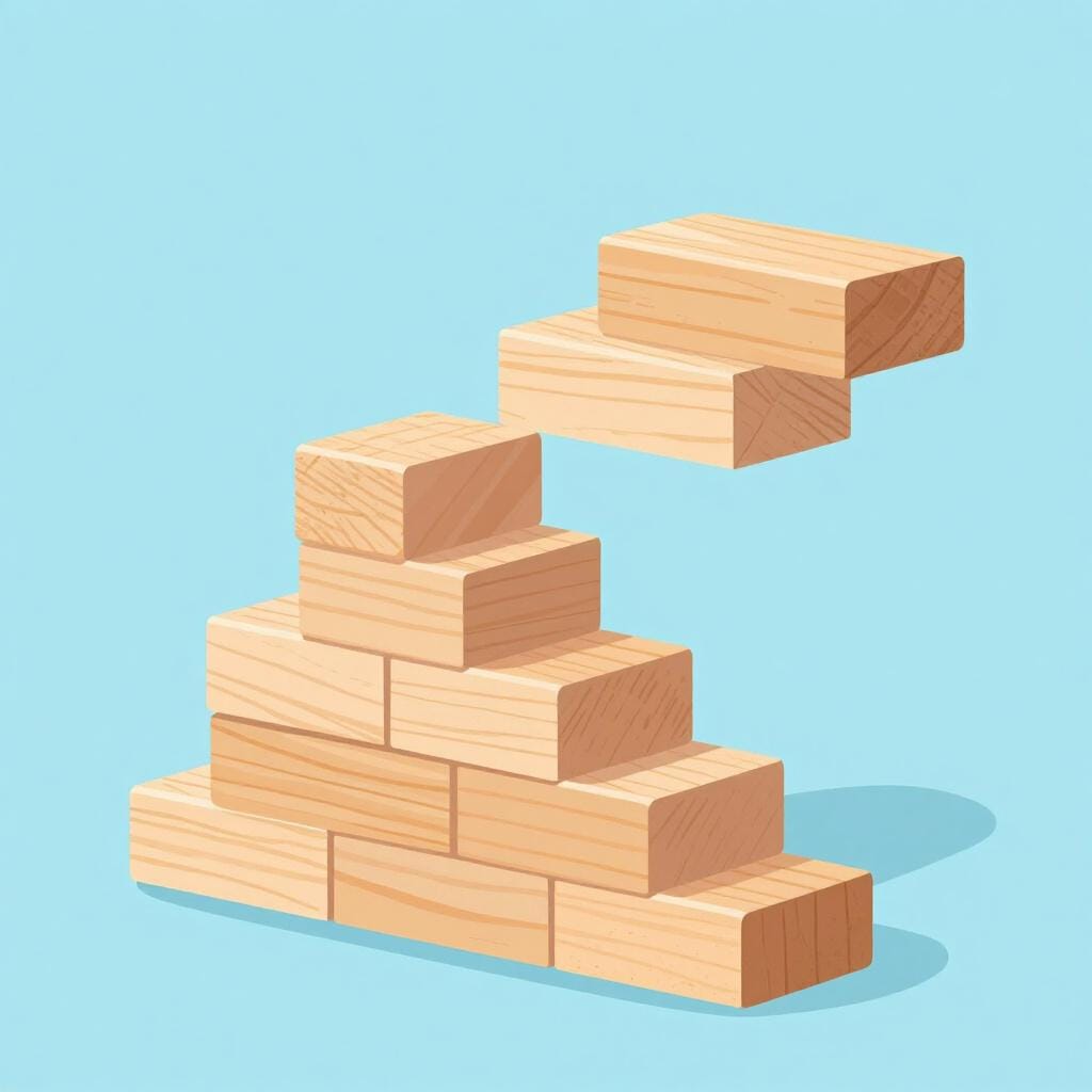 A stack of colorful wooden blocks growing taller from left to right.