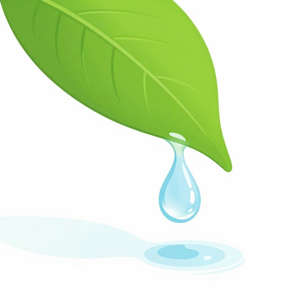 A single, large water droplet hanging from a leaf, about to fall into a puddle below.