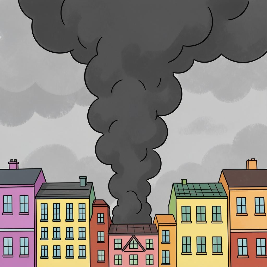 A dark, ominous plume of smoke rising from behind a row of colorful city buildings under a grey sky.