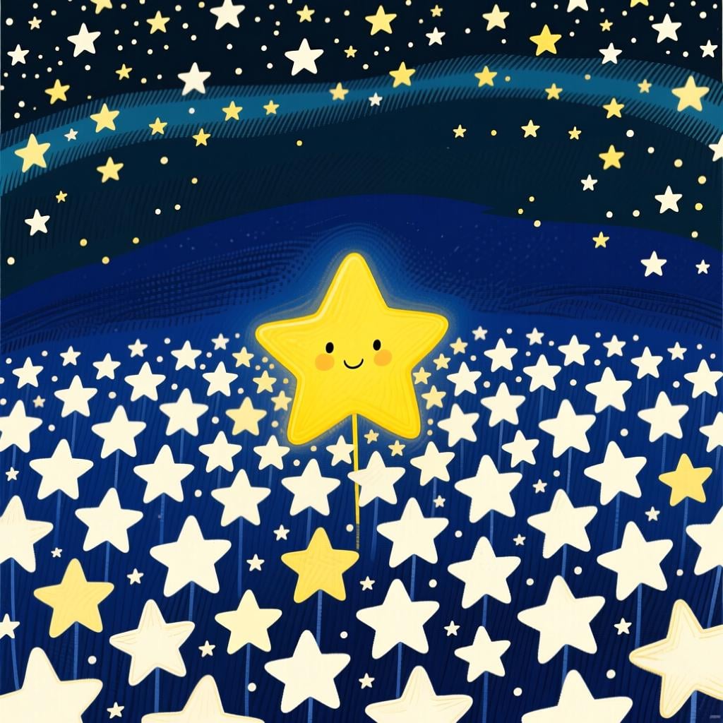 A single bright yellow star standing out distinctly among a dense cluster of many white stars in a night sky.