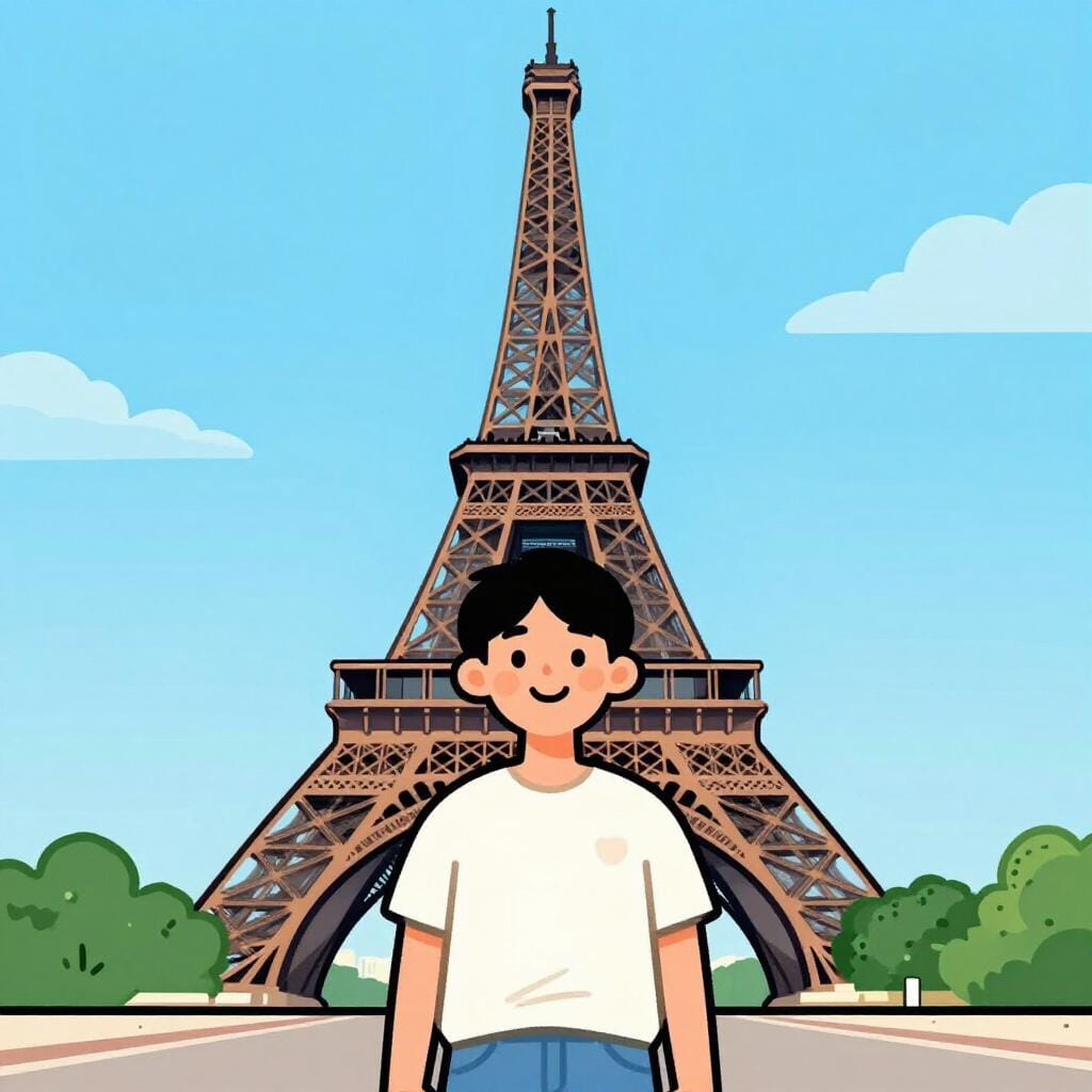 A friendly person standing in front of a famous European landmark like the Eiffel Tower.