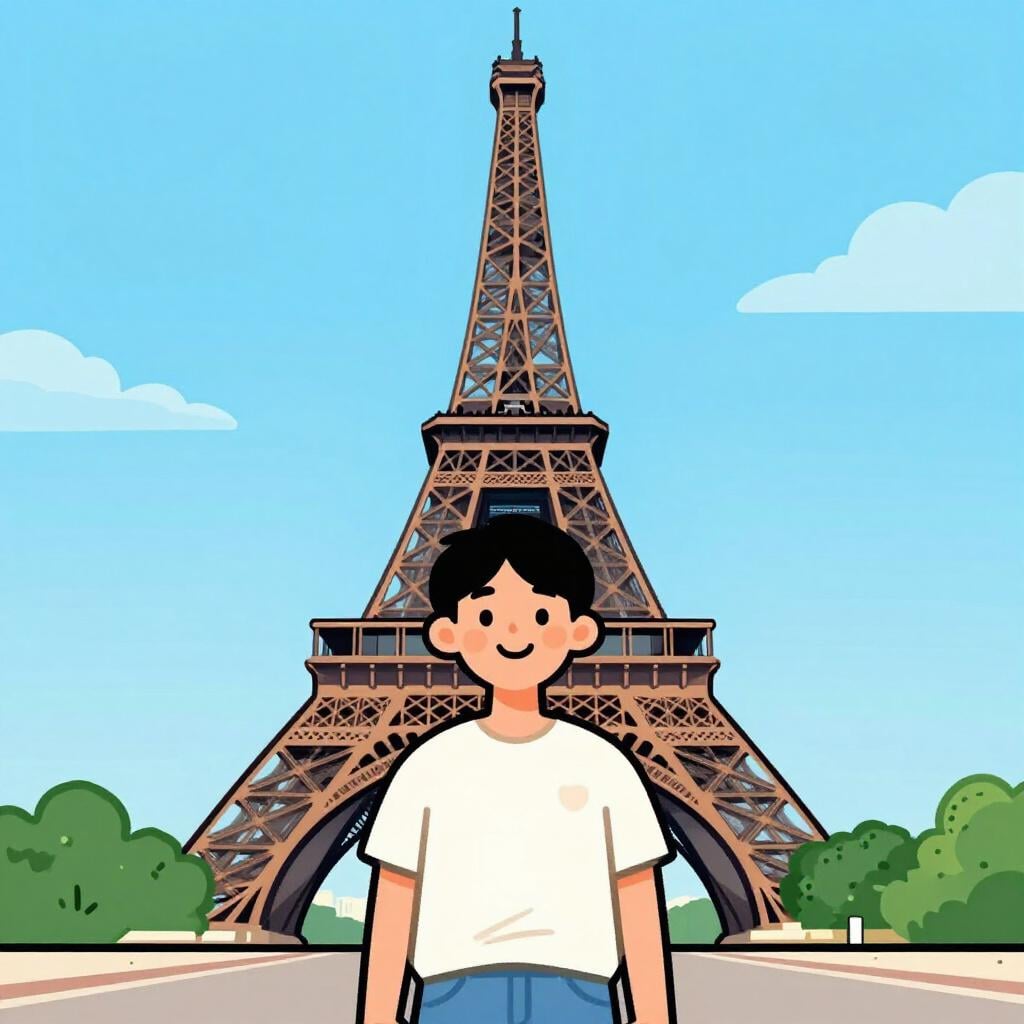 A friendly person standing in front of a famous European landmark like the Eiffel Tower.