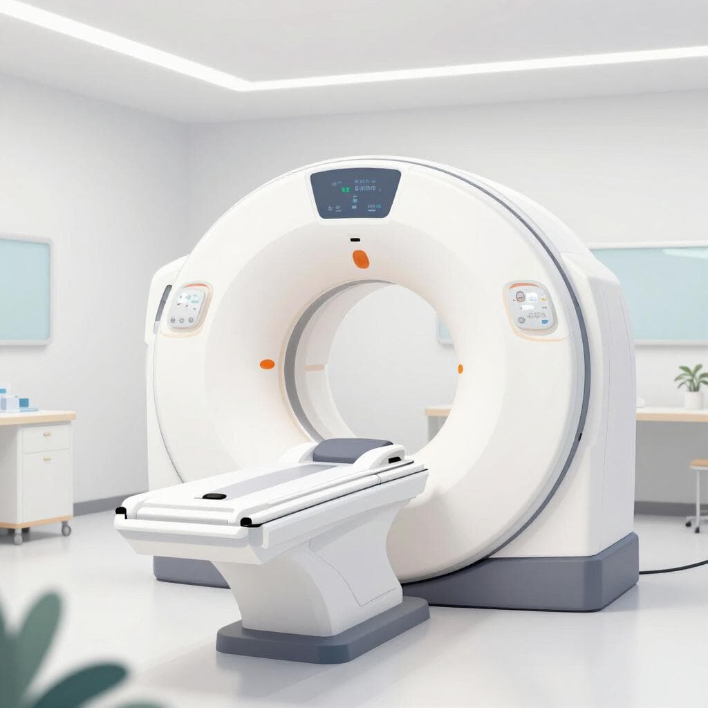 Un grand scanner médical blanc dans une pièce propre et bien éclairée.