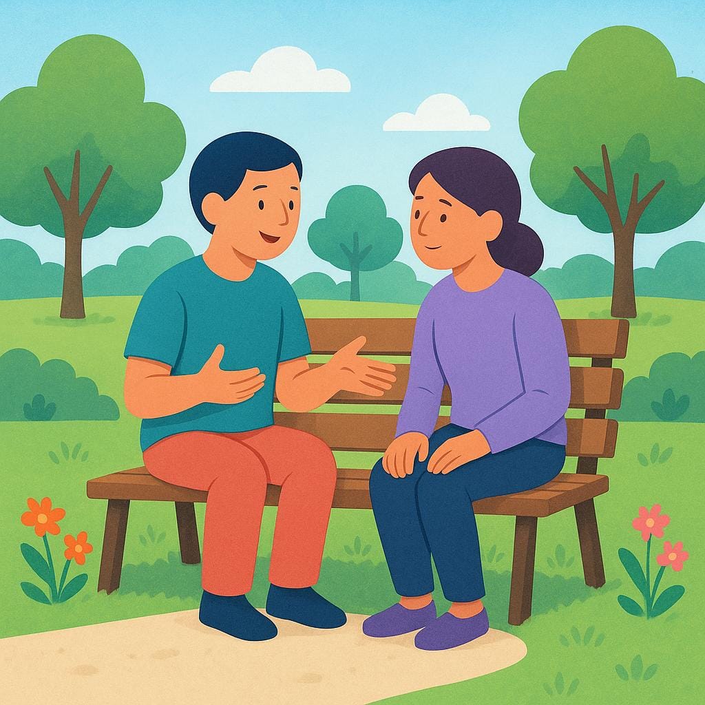 Two friendly figures sit on a park bench under a tree. One figure is leaning forward, speaking with an open, trusting expression, while the other listens attentively.