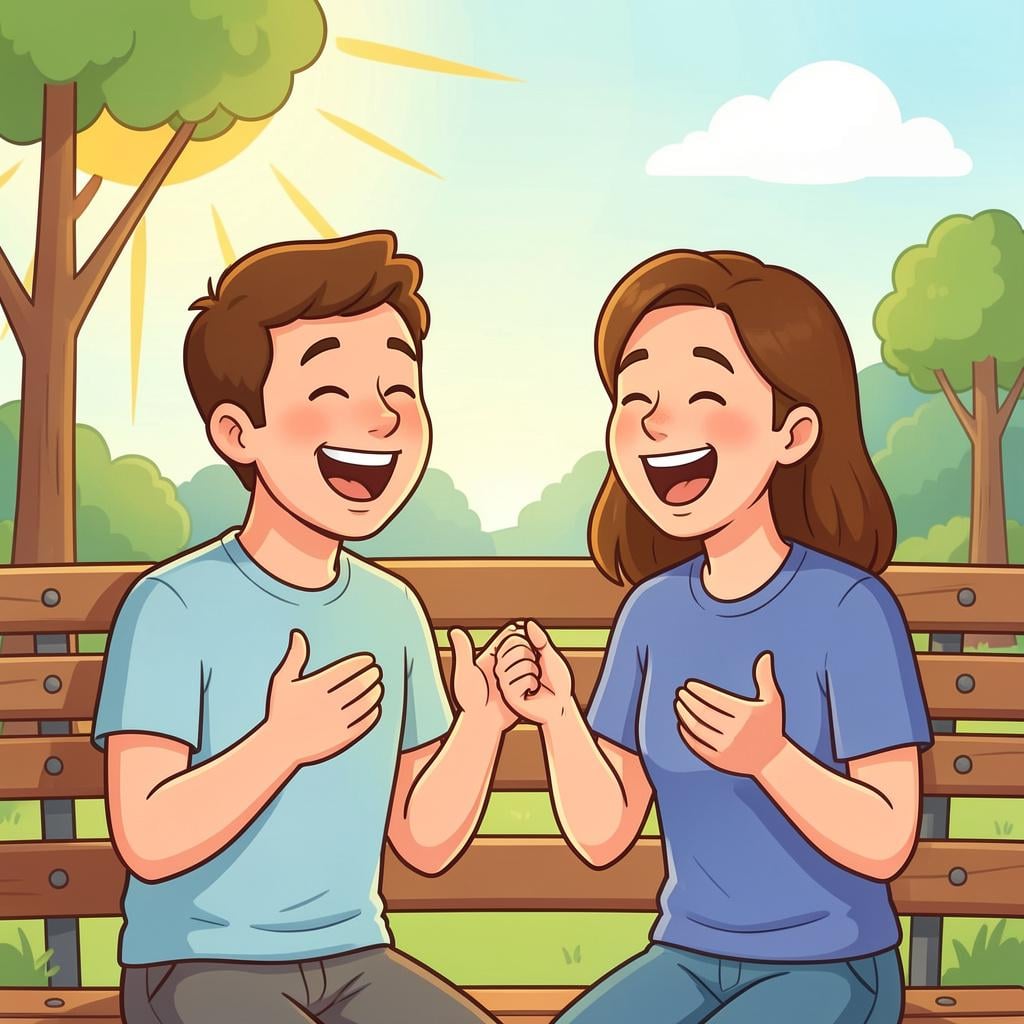 A colorful illustration of two friends laughing together outdoors.