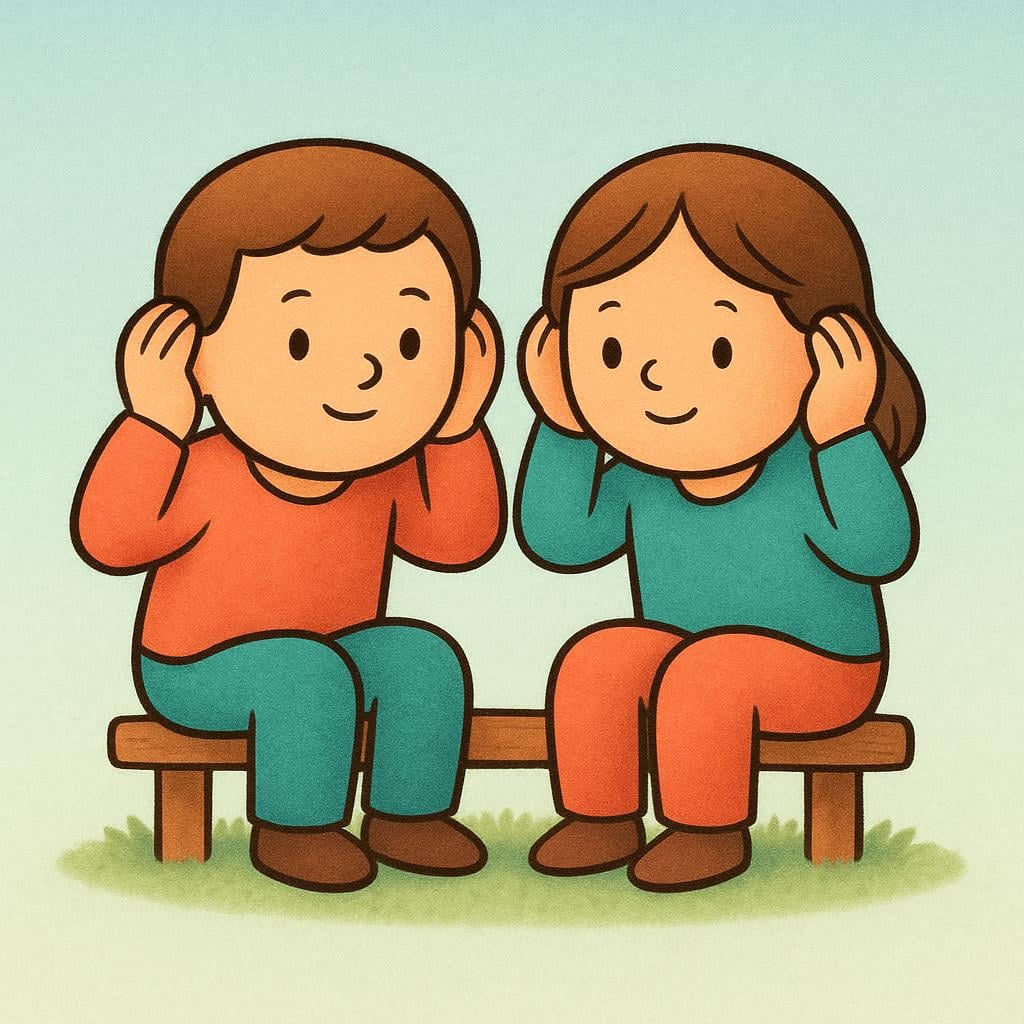 A colorful storybook illustration showing two simple figures sitting side-by-side, cupping their hands behind their ears and leaning forward slightly to hear a sound.